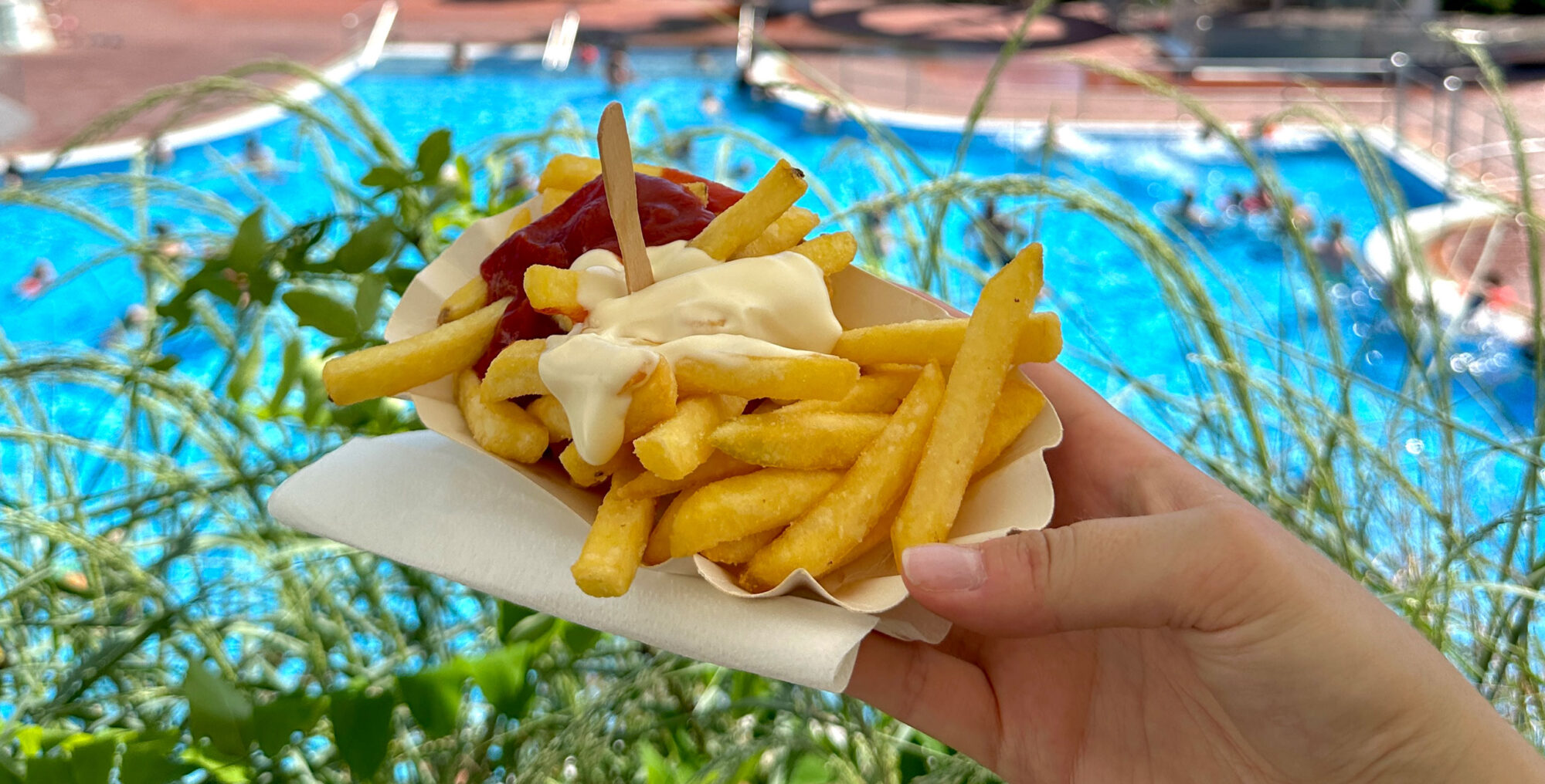 Pommes mit Ketchup und Mayo, im Hintergrund das Freibad Neumarkt