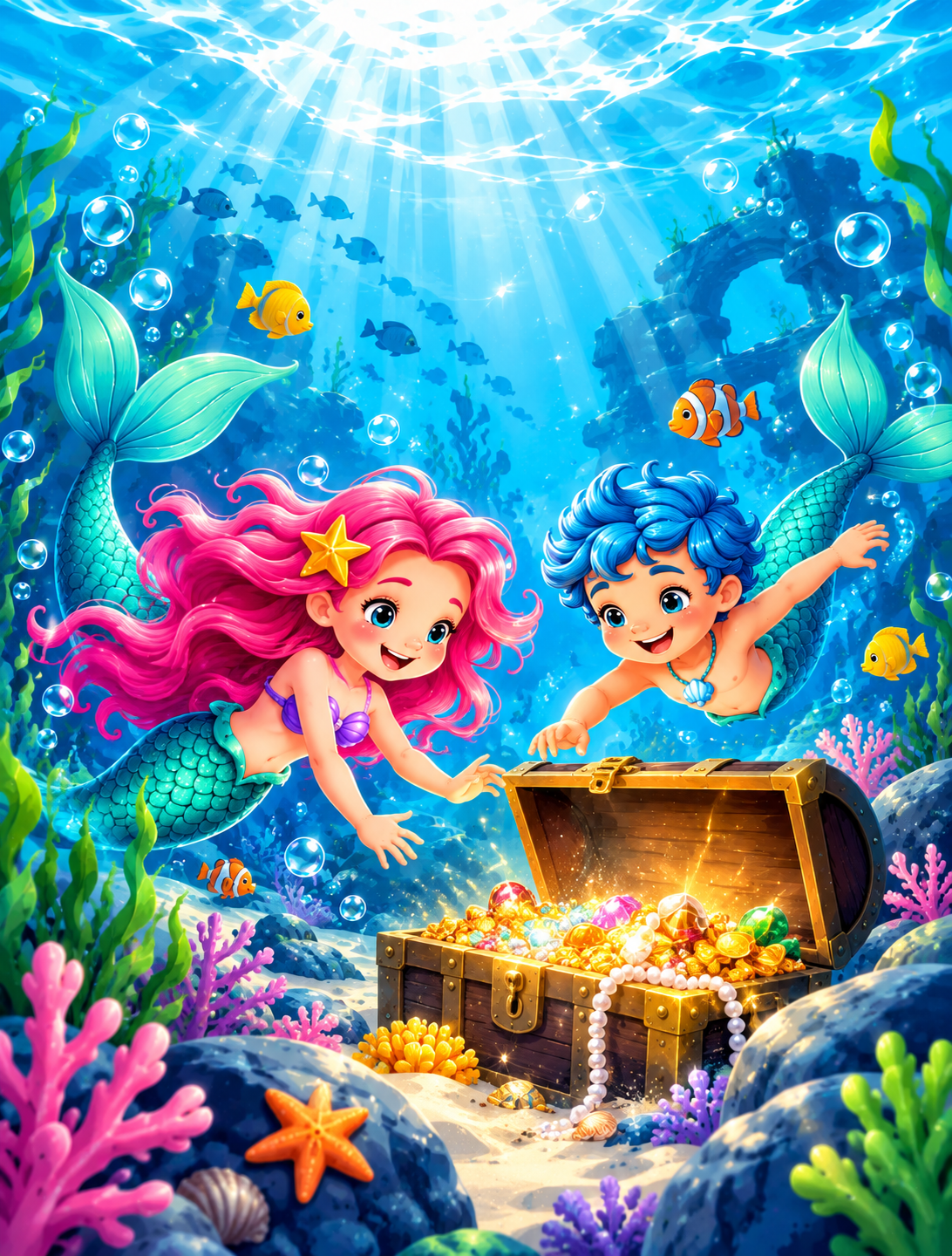 Headerbild Flossenschwimmen_fröhliche Unterwasserwelt mit Meerjungkindern